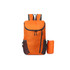 An orange packable travel backpack with grey accents, featuring a zippered front pocket and a compact carry pouch.