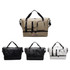 A travel weekender bag in beige, black, and white, featuring adjustable straps and a front pocket. It has a logo.