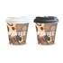 A paper coffee cup set in brown and cream, with one featuring a white lid and the other a black lid, both displaying a logo.