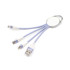 A charging cable with a keyring, featuring three connectors: USB, Micro USB, and Lightning, in purple and white.