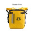 A waterproof roll top backpack in bright yellow with straps and a logo. Features reflective strips for visibility.
