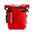 A bright red waterproof roll top backpack with adjustable straps and reflective details. It features a logo.