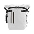 A waterproof roll top backpack in white, featuring adjustable black straps and a side pocket with a reflective strip.