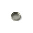 A silver mini tin candle with a smooth, unfilled interior and a rounded edge. It features a logo on the exterior.
