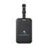 A black luggage tag tracker with a strap and a prominent logo.