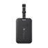 A black luggage tag tracker with a strap and a logo on the front, featuring a power button.
