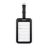 A sleek black luggage tag tracker with a transparent window for personal information and a sturdy attachment strap.