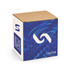 A product box with a blue and white design featuring a logo. The box is square-shaped with a plain brown top.