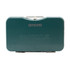 A portable charcoal BBQ grill in a teal case with a silver carrying handle and a branded logo.