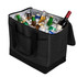 A black 36 can cooler filled with a variety of drinks in ice, featuring sturdy handles and a branded logo.
