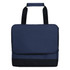 A navy blue cooler bag with a flap closure and a sturdy handle. It features a black base and has a logo.