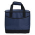 A drink cooler in navy blue with black accents and sturdy handles, featuring a logo on the front.