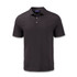 A black polo shirt featuring a three-button placket and a collar. It has a logo on the chest.