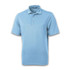 A light blue polo shirt featuring a collar and three buttons, with a logo on the chest.