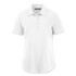 A white women's polo shirt with a collar and button placket, featuring a logo on the design.