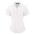 A women's polo in white with a collared neckline and button placket, featuring a small logo.