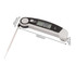 A digital instant read meat thermometer in white and black, featuring a sharp probe and a digital display.