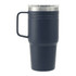 A drink bottle with a dark navy exterior, stainless steel lid, and handle, featuring a logo.