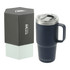 A drink bottle in navy blue with a stainless steel lid, alongside a stylish black packaging box.