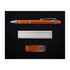 A gift set featuring an orange pen, a silver card holder, and an orange USB flash drive, all on a black background.
