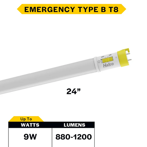 Halco 82384 LED T8 Emergency Linear Tube 24" Type B with 90 min Battery Backup (2-pack) 9W 5-CCT