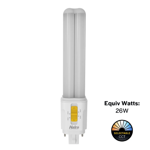 Halco 82852 LED Double Tube Omni-Directional Plug-In Lamp G24Q 4-Pin Base 3K-3.5K-4K-5K 9.5 Watt (26W Equivalent) Hybrid Type A (Electrical Ballast and Magnetic Ballast) - Type B Dimmable