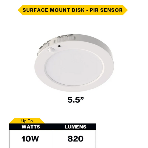 Halco 83901 LED Surface Mount Disk 5.5" 10W 820 Lumens 27/30/35/40/50K Color Select 120V Non-Dim PIR Sensor 