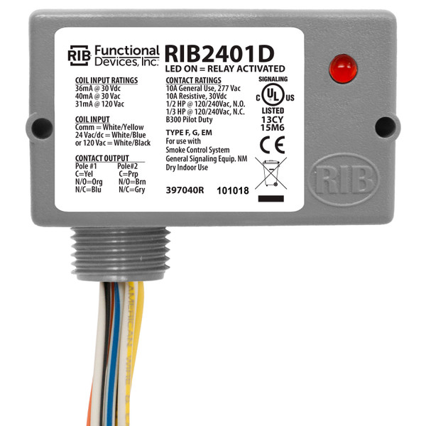 Functional Devices RIB2401D Enclosed Relay 10 Amp DPDT with 24 Vac/dc/120 Vac Coil