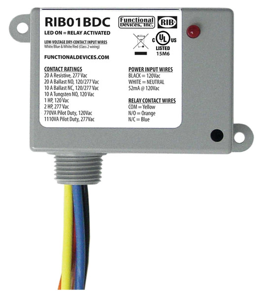 Functional Devices RIB01BDC Enclosed Relay 20 Amp SPDT Class 2 Dry Contact Input 120V Power Input