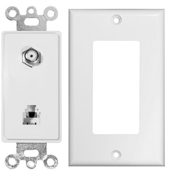 Morris Products 80181 2 Piece Decorative Single RJ11 4 Conductor Phone Jack & Single F Connector Wallplate White