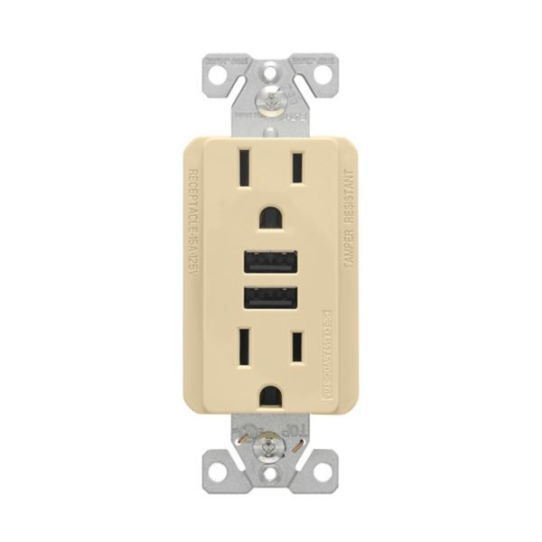 Eaton Wiring Devices TR7765V-BOX Combo 2 Port USB Receptacle 15A 125V Ivory
