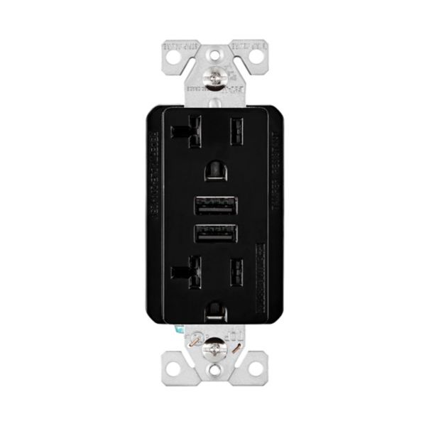 Eaton Wiring Devices TR7766BK-BOX 3.6A USB Charger With Duplex Receptacle 20A 125V Black
