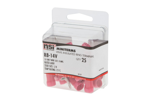 NSI R8-14V 8 Awg Vinyl Insulated Ring 1/4" Stud, 25 Per Pack