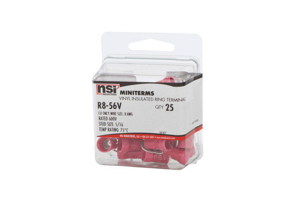 NSI R8-56V 8 Awg Vinyl Insulated Ring 5/16" Stud, 25 Per Pack