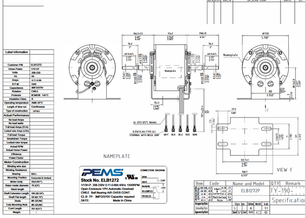 PEMS ELB1272 1/10 HP 208-230V 1500 RPM 3-Speed Blower Motor Replaces Century 950