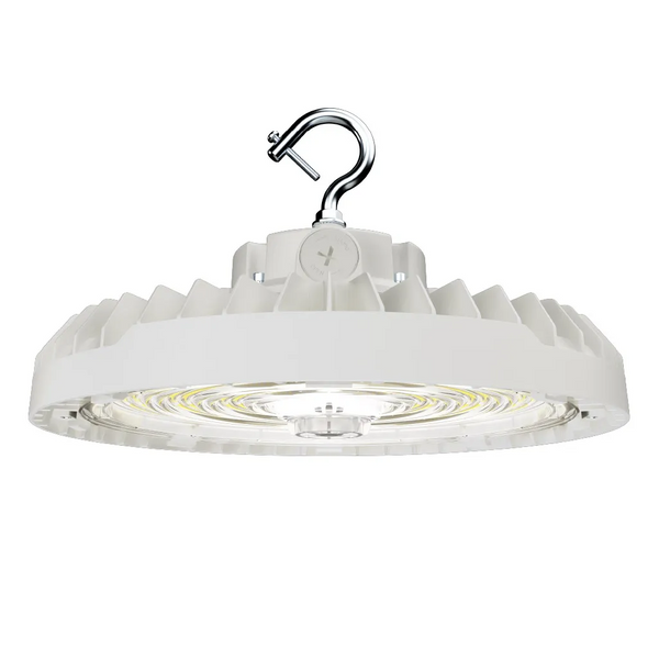 Halco 30402 HoverBay Round Highbay Lumen Selectable 16,000-19,200-24,000lm/100W-150W CCT Selectable 35K- 4K-5K Beam Angle Selectable Controls Ready Bluetooth 3.5mm Jack Universal Voltage 120-277VAC White Housing Gen-2