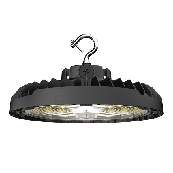 Halco 30403 HoverBay Round Highbay Lumen Selectable 16,000-19,200-24,000lm/100W-150W CCT Selectable 35K- 4K-5K Beam Angle Selectable Controls Ready Bluetooth 3.5mm Jack Universal Voltage 120-277VAC Black Housing Gen-2