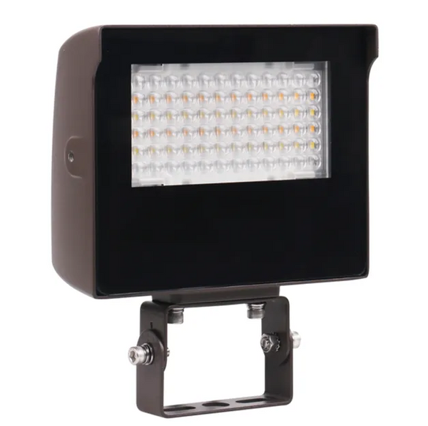 Halco 22902 LED Sektor Floodlight Bronze with Lens Shift Technology Lumen Selectable (1950-4440Lm/15-20-30W) Color Selectable (3K-4K-5K) 120-277VAC 0-10V Dimming Adj Beam Angle 55 75 or 90 Deg Integrated On/Off Photocell Knuckle & Trunnion Mount