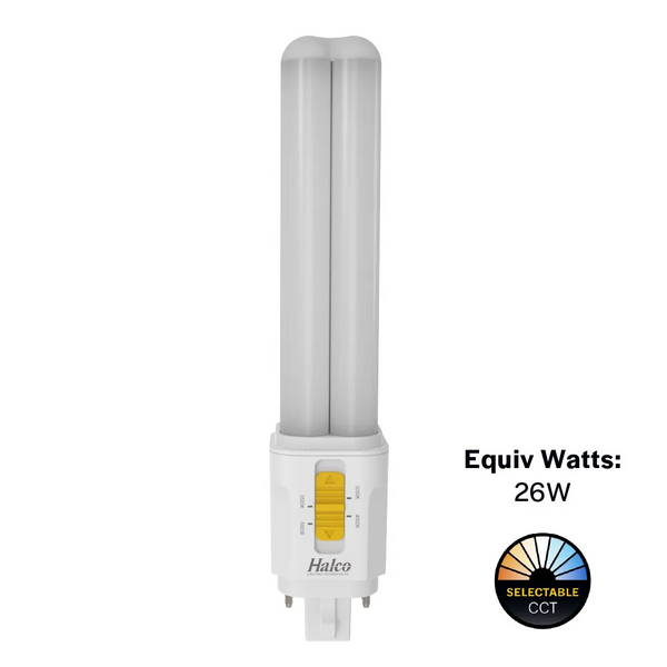 Halco 82852 LED Double Tube Omni-Directional Plug-In Lamp G24Q 4-Pin Base 3K-3.5K-4K-5K 9.5 Watt (26W Equivalent) Hybrid Type A (Electrical Ballast and Magnetic Ballast) - Type B Dimmable