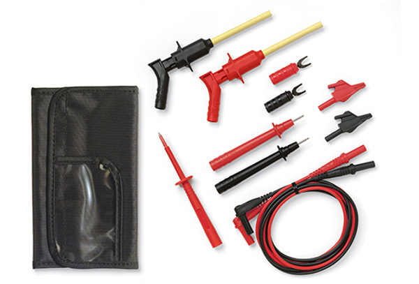 Amprobe DL248D Test Lead Kit includes 48? long silicone lead wires, probe clips, spaced lugs, spring loaded crimp tips, red tip length extender and a fold out carrying case.