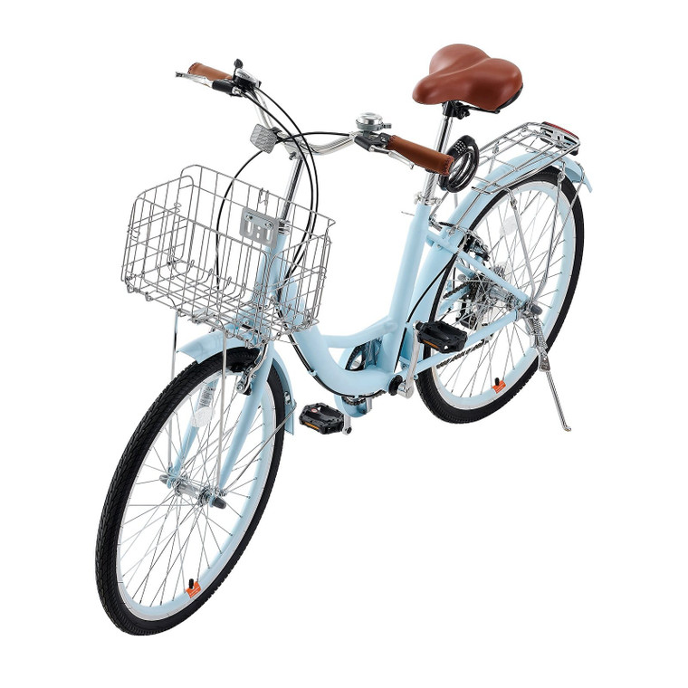  Cruiser Bike, 7-Speed, 26-Inch Light Blue Beach Cruiser Bike with Large Capacity Basket and Rear R E415-GK26INCH7SBHYROQ6V0