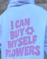 -White color
-Pink Text "I Can Buy Myself Flowers"
-Pink flower detail
-Oversized fit
-Soft inside
-Zip up
-Drawstring

SC2023 ZIP FLWR ONE SIZE