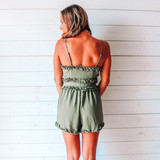 -Olive
-Ruffles
-V-Neck
-Zipper
-Unlined
-Fabric Does Not Stretch
-Romper

Material:
100% Polyester

IP7881 ROMP OLV