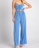 -Baby Blue Color
-Cutout & Tie in Front
-Ruched in Center
-Elastic Waistband
-Spaghetti Straps
-Adjustable
-Jumpsuit

Materials:
95% Polyester | 5% Spandex

3697RY JUMP BLU