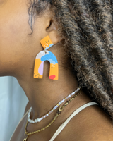 -Two piece polymer clay design
-Black squiggle line detail
-White spot detail
-Orange color detail
-Blue w/ black spot detail
-Tan detail
-Red spot detail
-Purple color detail

ABSTRACT ART DANGLE EARRING 