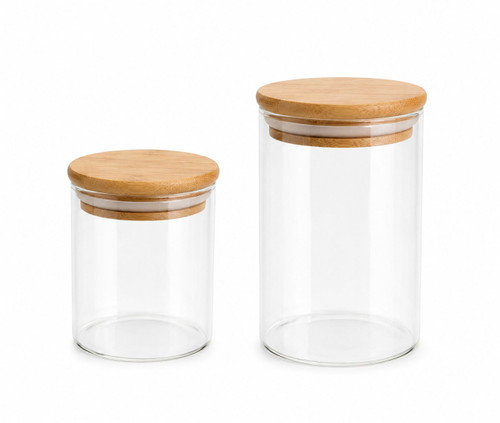 Two clear glass canisters with light brown bamboo wood lids, shown in two different sizes on a white background.
