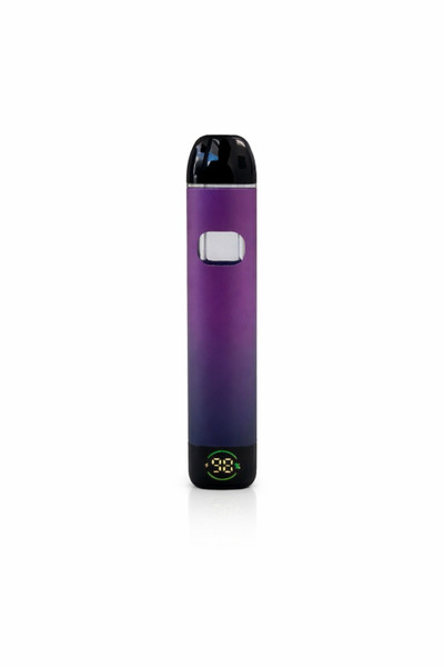 Purple vape device with black top on a white background