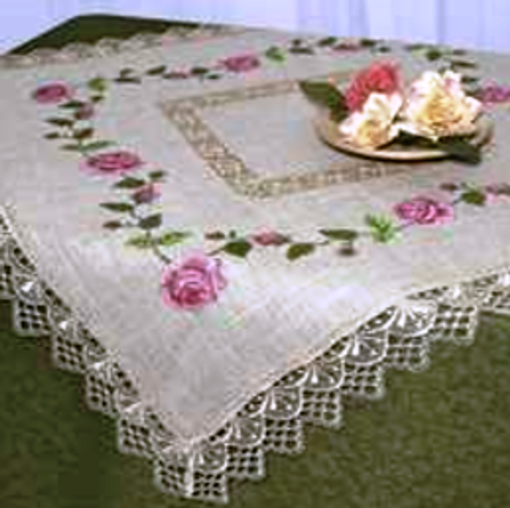 Embroidered Cross Stitch Tablecloth "Roses" 07384 35 x 35"