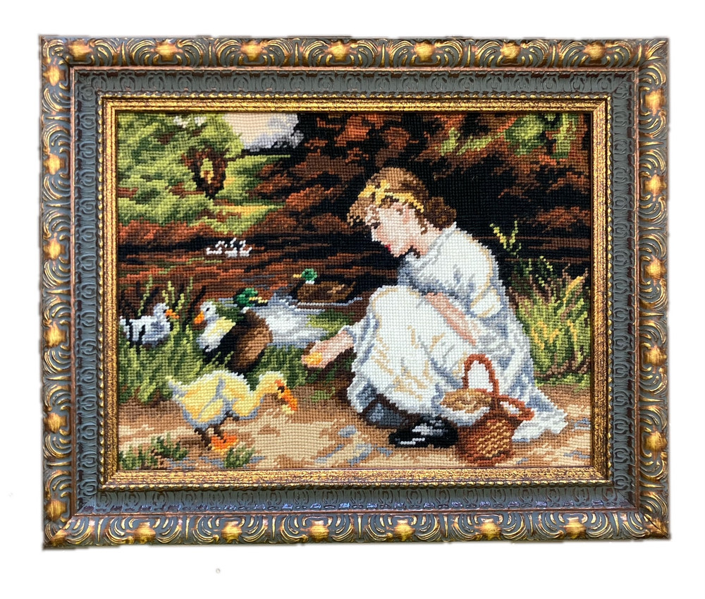 Vintage "Sharing her Lunch" after Frederick Morgan Gobelin, Needlepoint wall art,  wall décor, interior, home décor, embroidery   Handmade Framed
