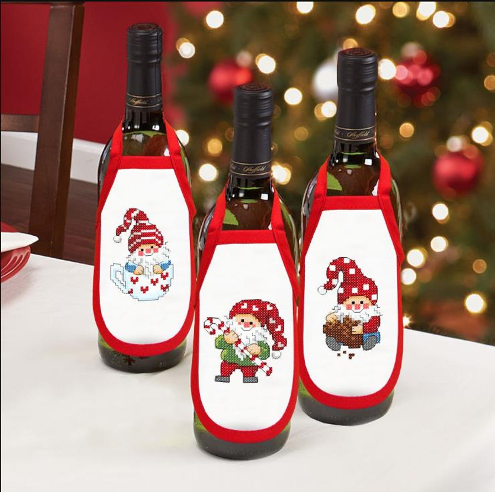 "Cute Christmas Gnomes" Stamped bottle Aprons Kit for Cross Stitch Embroidery Duftin 08031